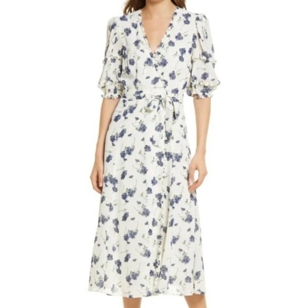 REFORMATION Tanna Floral Wrap Dress with frilly ruffles in Blueberries Size S - Picture 2 of 14
